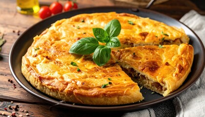 Delicious savory pie with a golden crust and fresh basil served on dark plate