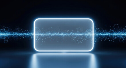 Futuristic glowing rectangular frame with abstract wave pattern in a dark digital environment