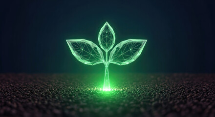 Futuristic green plant sprouting from glowing ground, symbolizing growth and technology in nature