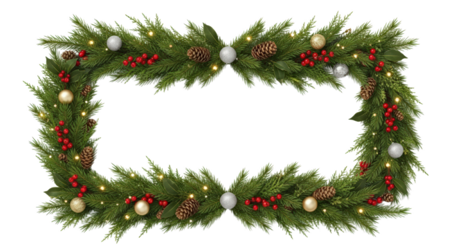 Festive Christmas Garland With Pine Cones Red Berries Silver Baubles And Warm Lights On Transparent Background