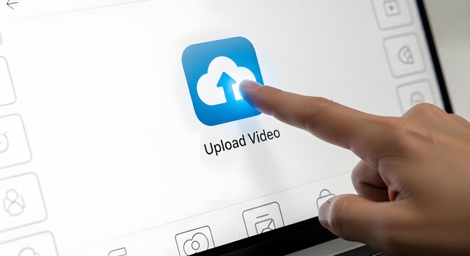 Finger touching upload video icon on a digital tablet isolated on white background