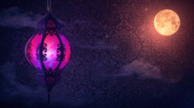 Mysterious ornate lantern illuminated by a glowing moonlit night sky