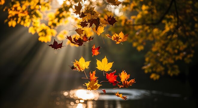 Photorealistic capture of vibrant autumn foliage descending gracefully over tranquil water, bathed in ethereal sun rays filtering through the forest canopy, creating a mesmerizing natural spectacle