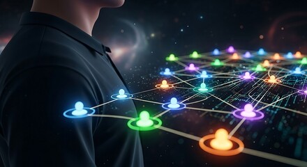 Man Observing a Global Network of Connected People Icons Representing Social and Business Connections.