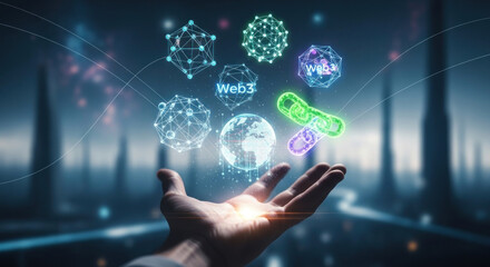 Futuristic hand reaching out to a holographic globe with digital symbols representing Web3 technology