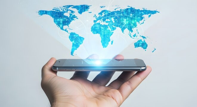 Hand holding smartphone projecting world map hologram isolated on white background