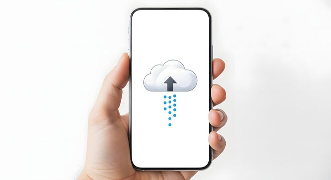 Hand holding smartphone with cloud upload symbol isolated on white background