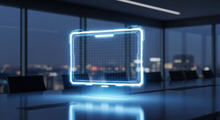 Futuristic holographic display floating above a sleek conference table in a modern office at night