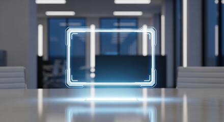 Futuristic holographic display hovering over a modern office table with a sleek workspace in the background