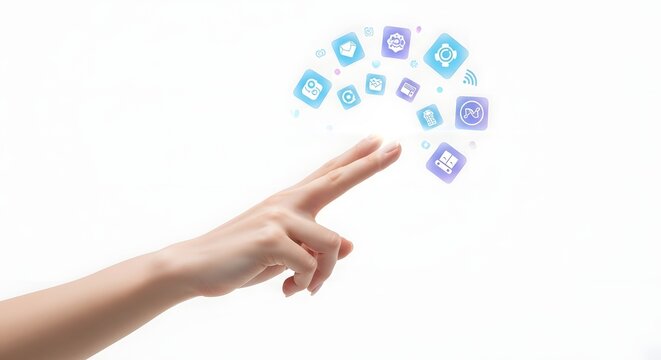 Hand interacting with app icons isolated on white background