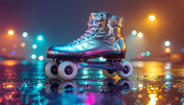Glistening metallic roller skate on a wet urban street at night, perfectly reflecting vibrant neon city lights and colorful bokeh, embodying a nostalgic retro aesthetic - Powered by Adobe