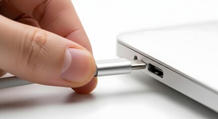Hand plugging usbc cable into laptop port isolated on white background
