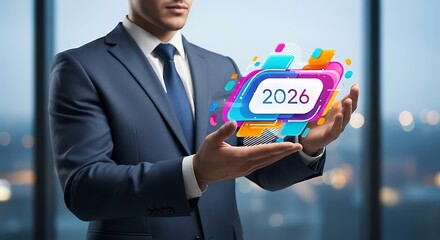 Man in suit holding colorful graphic with the year two thousand twenty six