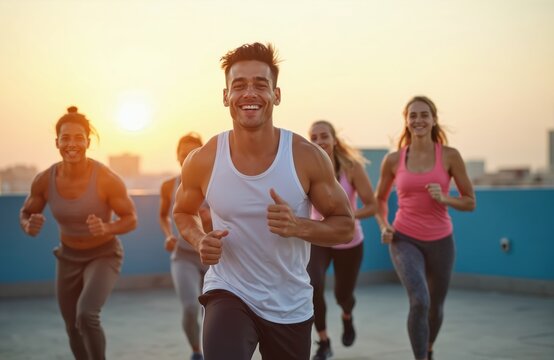 Group of diverse friends run together on rooftop at sunset. Young men and women in activewear smile while jogging outdoors. Fit people enjoy morning exercise with city skyline.