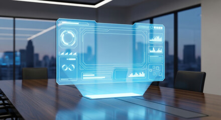 Futuristic holographic display in a modern office setting showcasing data analysis and city skyline