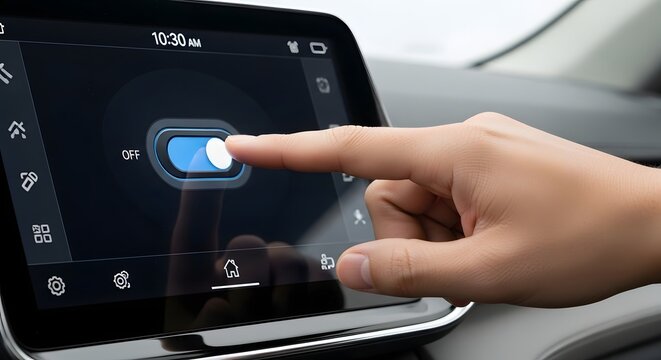 Hand turning on a cars touchscreen interface, controlling the vehicles settings