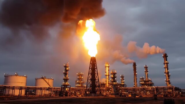 Vertical video of a gas flare burning at an oil refinery at night. Industrial plant emitting smoke, representing energy production and pollution