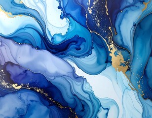 Flowing watercolor abstract with hues of blues and gold details
