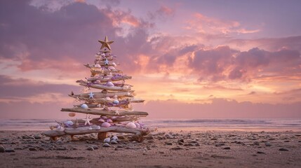 A seaside Christmas tree made of driftwood and sea shells on a quiet beach at sunset A whimsical Christmas tree floating in the clouds, decorated with stars and pastel ribbons