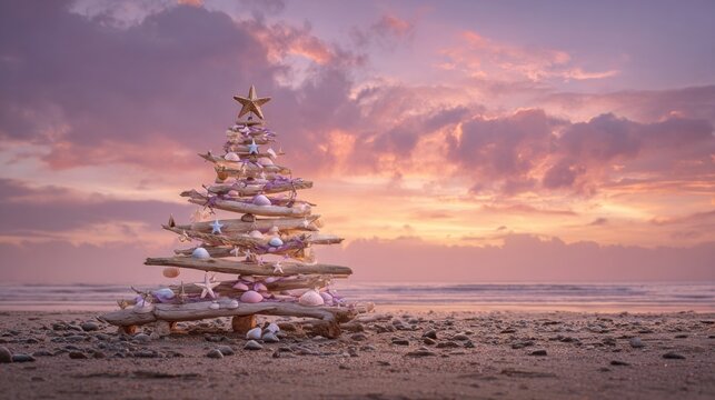 A seaside Christmas tree made of driftwood and sea shells on a quiet beach at sunset A whimsical Christmas tree floating in the clouds, decorated with stars and pastel ribbons - Powered by Adobe
