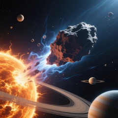 A large comet flies past planets in space.