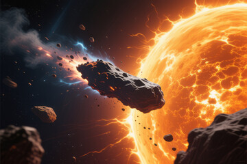 A large comet flies past planets in space.