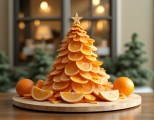 Creative orange slice christmas tree on wooden bokeh background highlight healthy food and vitamins for a festive grocery campaign christmas tree tree papercut christmas paper vector background design