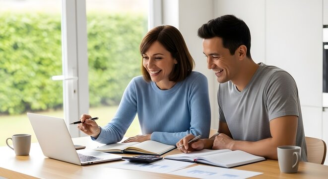 Happy Couple Planning Finances Together at Home