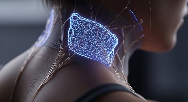 Digital representation of the thyroid gland in a human neck, illustrating medical technology and health.