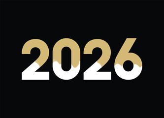 Year 2026 Celebration Banner with Golden and White Color Scheme on Black Background for New Year Holiday