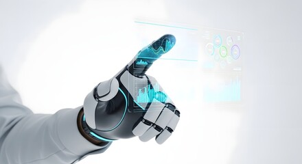 Robotic arm interacting with digital interface isolated on white background