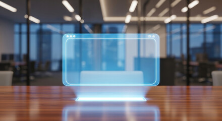 Futuristic holographic interface displayed on a wooden table in a modern office environment