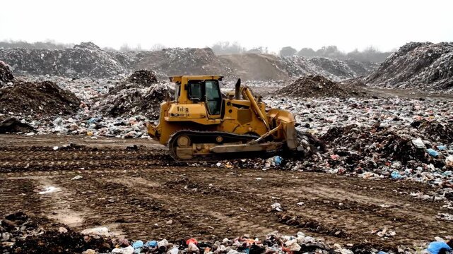 A bulldozer working at a landfill pushing piles of garbage. Heavy machinery at a dump site. Environmental pollution and waste management concept