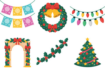 Detailed flat vector icons for festive decoration, showing wreath, garlands, arch, paper flags, lights, and decorated Christmas tree,