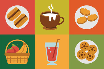 Flat vector icons for festive holiday food and drinks, featuring churros, hot cocoa, cookies, fruit basket, and juice,