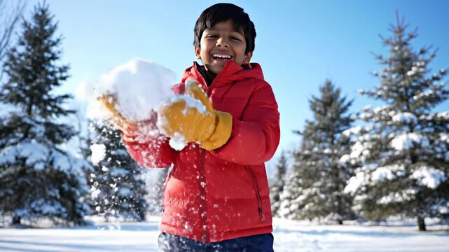 Happy boy throws a snowball at the camera in a winter park. Cheerful child in a red jacket playing outdoors on a sunny day. Childhood fun and seasonal activity