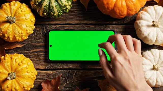 Woman's hand using a smartphone with a green screen for chroma key. Autumn flat lay with pumpkins and leaves on a rustic wooden table. Thanksgiving holiday mockup