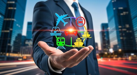 Businessman presenting transportation options in the palm of hand