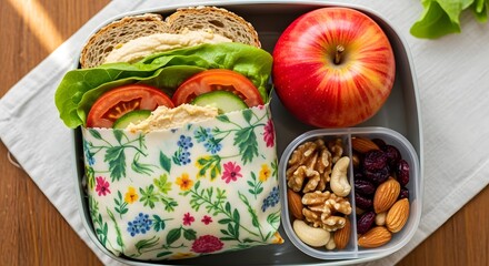 Healthy school lunch box with sandwich apple and nuts for kid