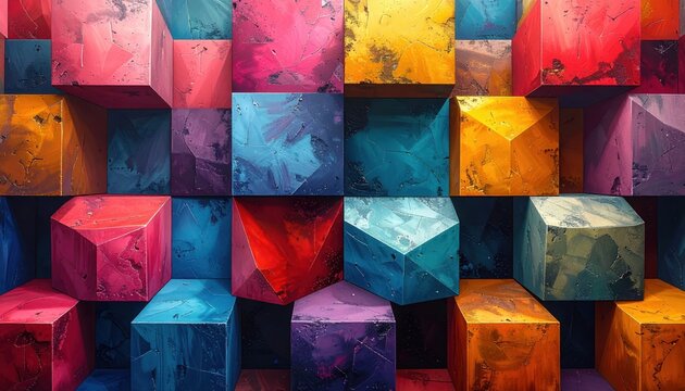 Textured three-dimensional cubes create an abstract geometric composition, rendered with vibrant 