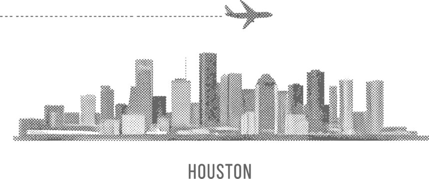 Houston Skyline with Airplane Silhouette Halftone Graphic