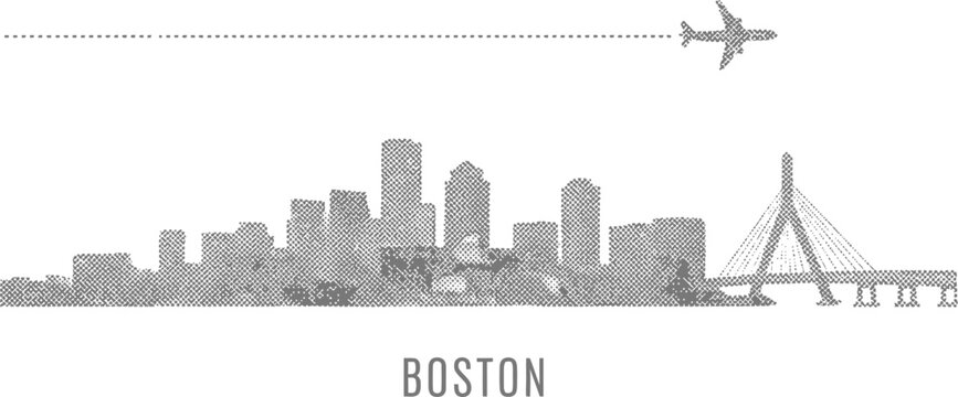 Boston Cityscape Skyline with Airplane and Dotted Flight Path
