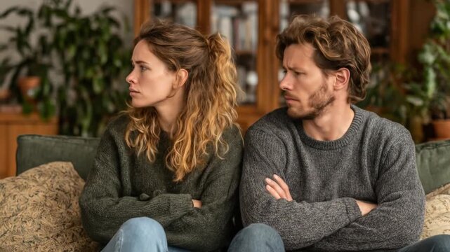 Couple sitting apart, arms crossed, with an expression of tension and disconnect