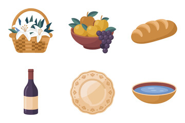 Detailed flat vector icons for religious food, showing bread, wine, fruit basket, bowl of water, and decorative plate,