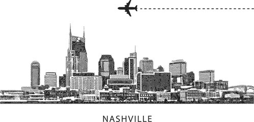 Obraz premium Nashville Skyline with Airplane Silhouette and Dotwork Style