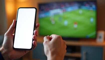 Person holds smartphone blank screen near TV showing soccer match. Man using mobile app to bet during live game. Modern tech helps to watch sport events online.
