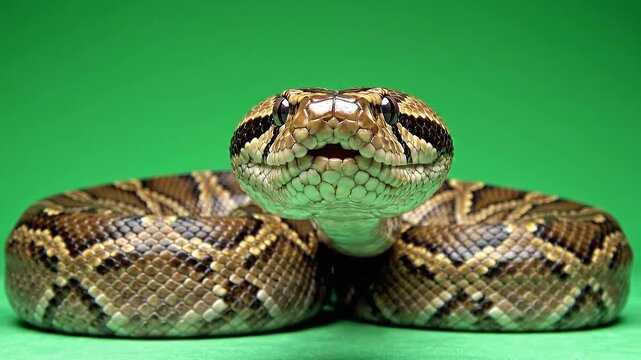 Close Up Shot Of A Brown Snake With Yellow And Black Patterns Sticking Out Its Pink Tongue Against A Bright Green Backdrop