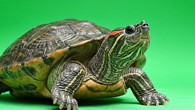 Close Up Shot Of A Red Eared Slider Turtle On Green Screen Surface Displaying Detailed Carapace Pattern Isolated Environment