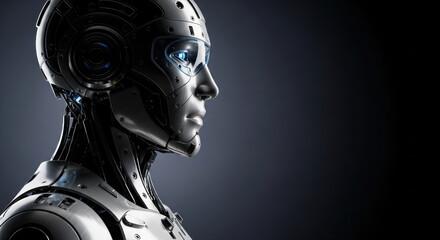 Futuristic humanoid robot profile against a dark background, showcasing advanced technology and design