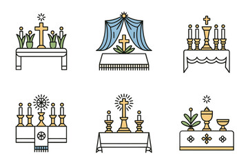 Outline color icons for Eucharistic table, illustrating candles, cross, sacred vessels, flowers, and traditional church architecture,